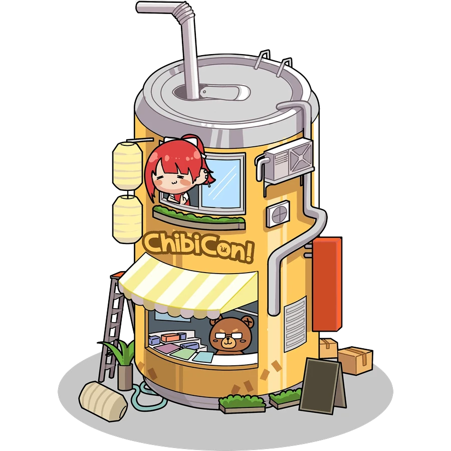 Ilustrasi resmi Chibicon XI, kios berbentuk kaleng dengan maskot Chibi-chan di jendelanya